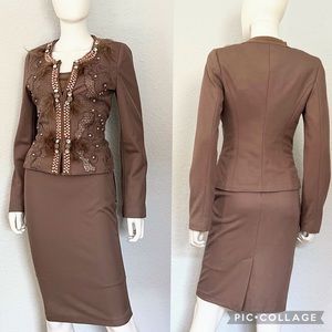 SALE🔥NWT WOMEN SKIRT SUIT 3PC SET BLAZER/SKIRT/TOP CREW NECK RHINESTONES BEADED